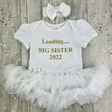 Load image into Gallery viewer, Loading... Big Sister Baby Girl Tutu Romper with Matching Bow Headband, Gold Glitter Design
