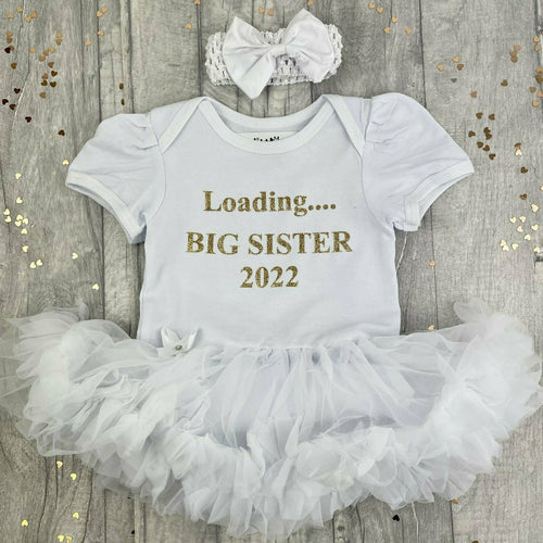 Loading... Big Sister Baby Girl Tutu Romper with Matching Bow Headband, Gold Glitter Design