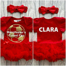 Load image into Gallery viewer, Personalised Manchester&#39;s Cutest Fan Red Tutu Romper

