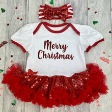 Load image into Gallery viewer, Merry Christmas Baby Girl Red Sequin Tutu Romper With Red Stripe Sequin Headband
