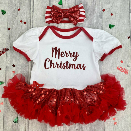 Merry Christmas Baby Girl Red Sequin Tutu Romper With Red Stripe Sequin Headband