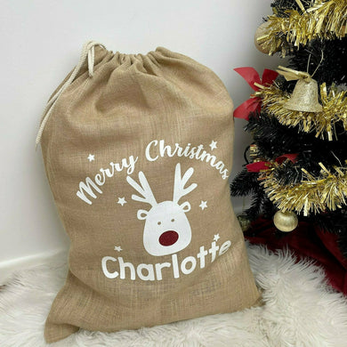 Personalised Christmas Reindeer Rudolph Presents Hessian / Burlap Gift Sack