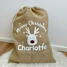 Load image into Gallery viewer, Personalised Christmas Reindeer Rudolph Presents Hessian / Burlap Gift Sack
