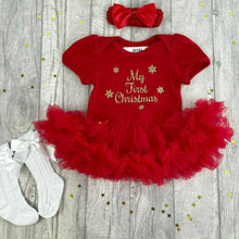Load image into Gallery viewer, Baby Girls First Christmas, Red Christmas Tutu Romper With Luxury Knee High Socks and Matching Bow Headband, Gold Glitter Design
