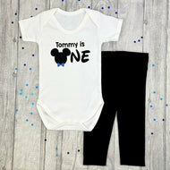 Personalised 'Is One' Mickey Mouse Design Baby Boy's 1st Birthday Romper & Leggings Set
