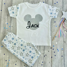 Load image into Gallery viewer, Products Personalised Mickey Mouse, Blue and White Boys Short Sleeve Star Pyjamas, Disney Summer Pj&#39;s
