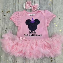 Load image into Gallery viewer, Personalised 1st Halloween Baby Girl Minnie Mouse Witch Tutu Romper
