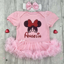 Load image into Gallery viewer, Disney Castle and Minnie Mouse Personalised Baby Girl sequin tutu romper with headband

