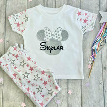 Load image into Gallery viewer, Products Personalised Minnie Mouse, Pink and White Girls Short Sleeve Star Pyjamas, Disney Summer Pj&#39;s
