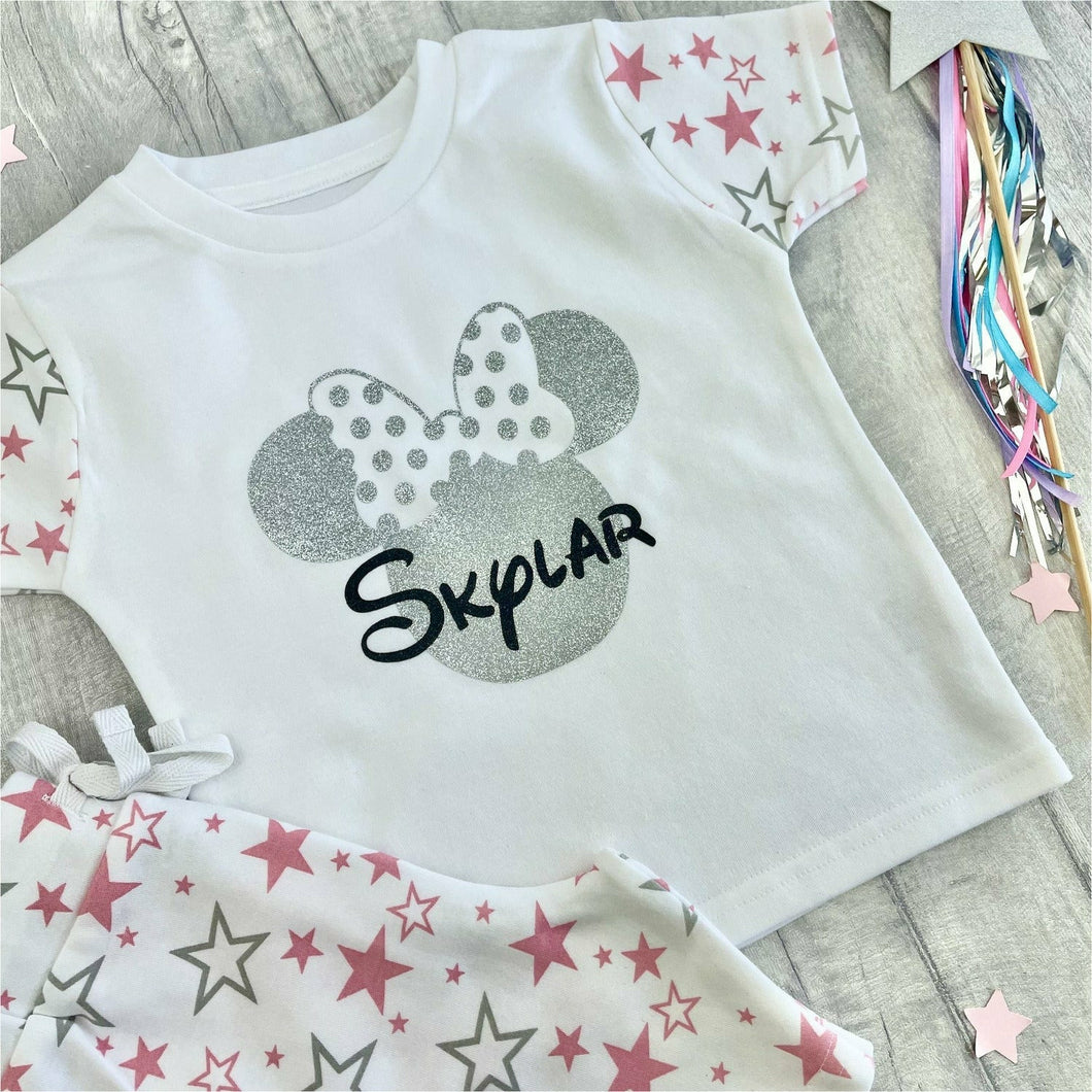 Products Personalised Minnie Mouse, Pink and White Girls Short Sleeve Star Pyjamas, Disney Summer Pj's