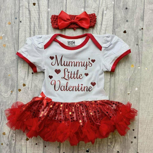 Mummy's Little Valentine Red Glitter Design, Sequin Tutu Romper With Matching Bow Headband - Little Secrets Clothing
