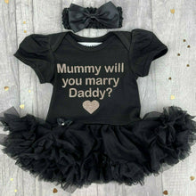 Load image into Gallery viewer, &#39;Mummy Will You Marry Daddy?&#39; Baby Girl Tutu Romper With Matching Bow Headband, Wedding, Engagement
