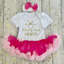 Load image into Gallery viewer, &#39;Mummy Said Yes!&#39; Baby Girl Tutu Romper With Matching Bow Headband, Wedding Engagement Announcement Gift
