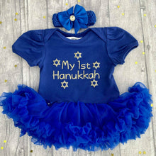 Load image into Gallery viewer, &#39;My 1st Hanukkah&#39; Baby Girl&#39;s Tutu Romper with Matching Bow Headband, Gold Glitter Design
