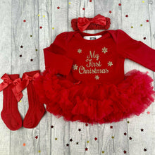 Load image into Gallery viewer, Baby Girls First Christmas, Red Christmas Tutu Romper With Luxury Knee High Socks and Matching Bow Headband, Gold Glitter Design
