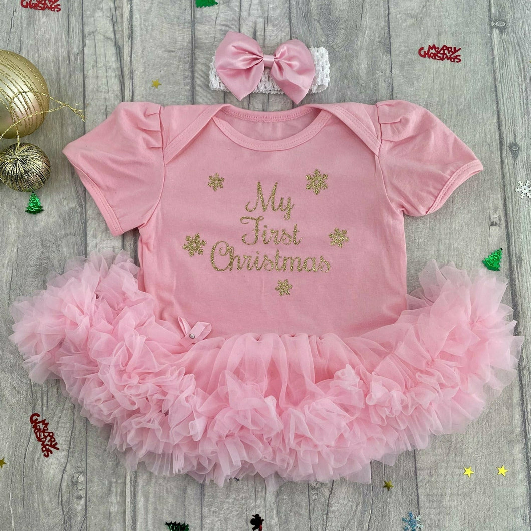 'My First Christmas' Baby Girl Tutu Romper With Matching Bow Headband, Gold Glitter Text