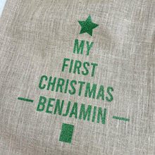 Load image into Gallery viewer, My First Christmas Baby Boy&#39;s &amp; Baby Girl&#39;s Personalised Christmas Tree Gift Sack, Hessian / Burlap Present Sack
