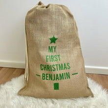 Load image into Gallery viewer, My First Christmas Baby Boy&#39;s &amp; Baby Girl&#39;s Personalised Christmas Tree Gift Sack, Hessian / Burlap Present Sack
