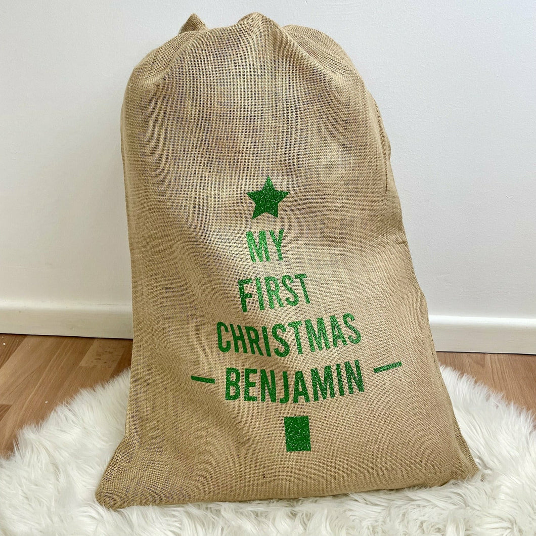 My First Christmas Baby Boy's & Baby Girl's Personalised Christmas Tree Gift Sack, Hessian / Burlap Present Sack