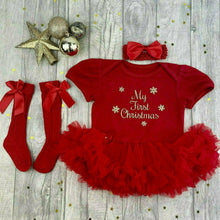 Load image into Gallery viewer, Baby Girls First Christmas, Red Tutu Romper With Luxury Knee High Socks and Matching Bow Headband - Little Secrets Clothing
