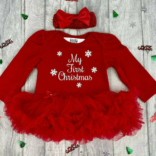 My First Christmas Baby Girl Red Tutu Romper With Bow Headband, White Glitter Snowflakes - Little Secrets Clothing