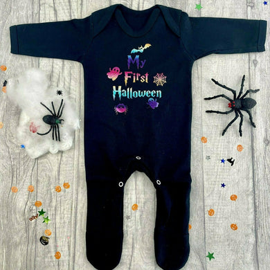 My First Halloween Baby Boys or Girls Full-Body Black Sleepsuit, Rainbow Design - Little Secrets Clothing