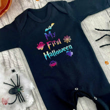 Load image into Gallery viewer, &#39;My First Halloween&#39; Baby Boys or Girls Full-Body Black Sleepsuit, Rainbow Design
