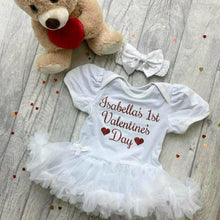 Load image into Gallery viewer, Personalised 1st Valentine&#39;s Day Baby Girl White Tutu Romper With Matching Bow Headband, Red Tights - Little Secrets Clothing
