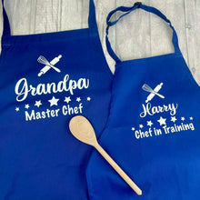 Load image into Gallery viewer, Personalised Chef Apron Set, Kids Chef in Training &amp; Adult Master Chef Baking Cooking Aprons, Father&#39;s Day Gift

