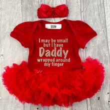 Load image into Gallery viewer, I May Be Small But I Have Daddy Wrapped Around My Finger Baby Girl Tutu Romper With Matching Bow Headband
