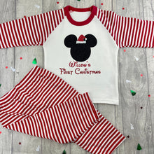 Load image into Gallery viewer, Disney First Christmas Pyjamas, Personalised Red &amp; White Stripe Pjs
