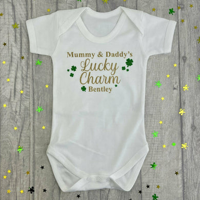 Personalised Irish Baby Boy St. Patricks Day Short Sleeve Romper, Mummy & Daddy's Lucky Charm