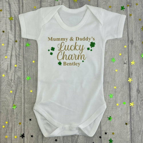 Personalised Irish Baby Boy St. Patricks Day Short Sleeve Romper, Mummy & Daddy's Lucky Charm