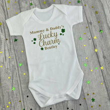 Load image into Gallery viewer, Personalised Irish Baby Boy St. Patricks Day Short Sleeve Romper, Mummy &amp; Daddy&#39;s Lucky Charm
