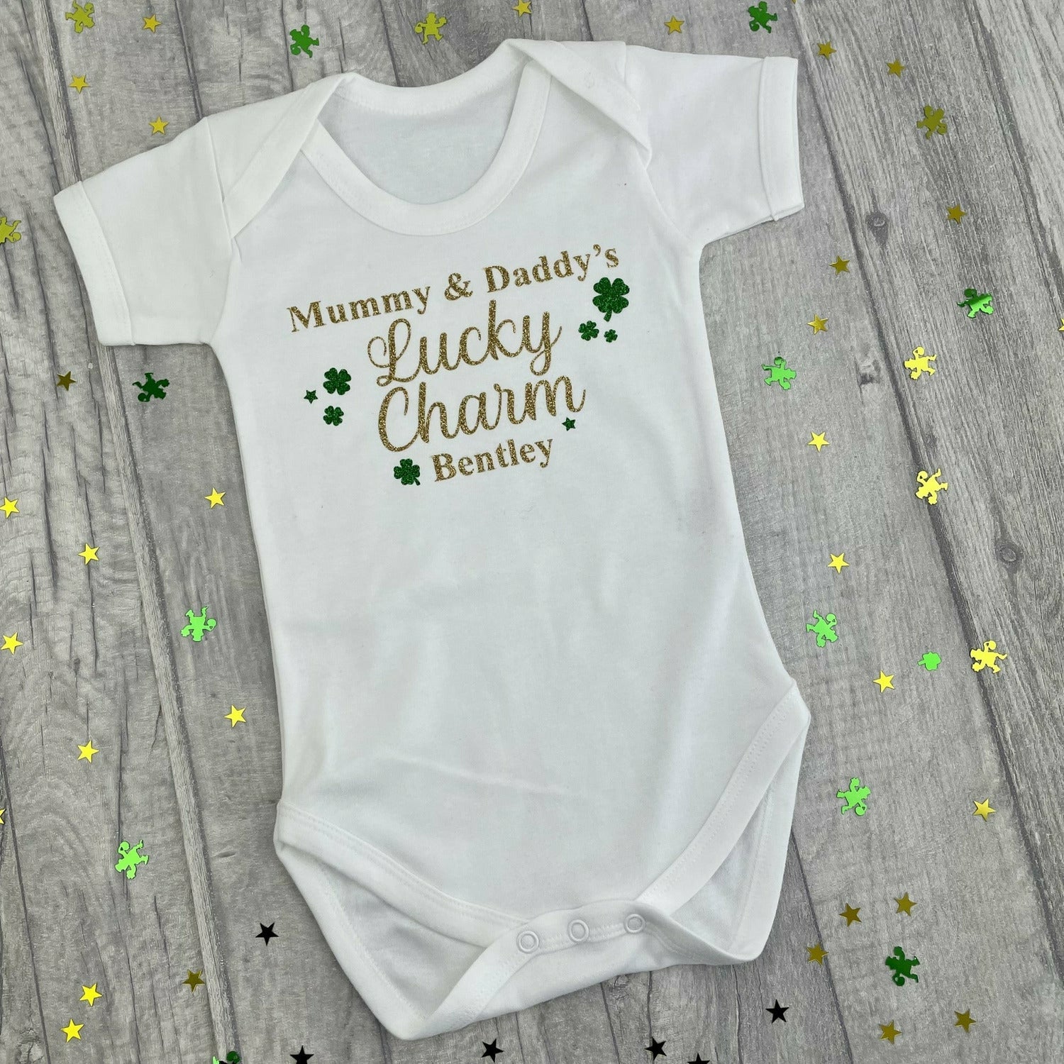 Personalised Patricks Day Short Sleeve Romper, Irish Baby Boy Mummy Daddy's Lucky Charm