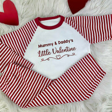 Load image into Gallery viewer, Personalised &#39;Little Valentine&#39; Red/White Stripe Childrens Valentines Day Pyjamas
