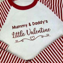 Load image into Gallery viewer, Personalised &#39;Little Valentine&#39; Red/White Stripe Childrens Valentines Day Pyjamas
