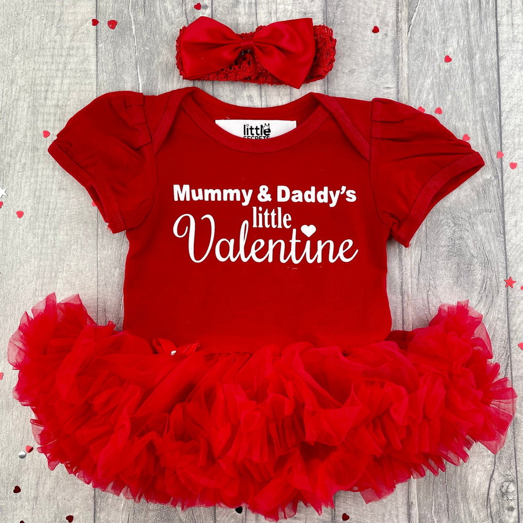 Mummy and Daddy's Little Valentine Baby Girl Tutu Romper With Matching Bow Headband, Valentine's White Glitter