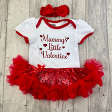Load image into Gallery viewer, Mummy&#39;s Little Valentine Red Glitter Design, Baby Girl, Sequin Tutu Romper With Matching Bow Headband, Valentine’s Day
