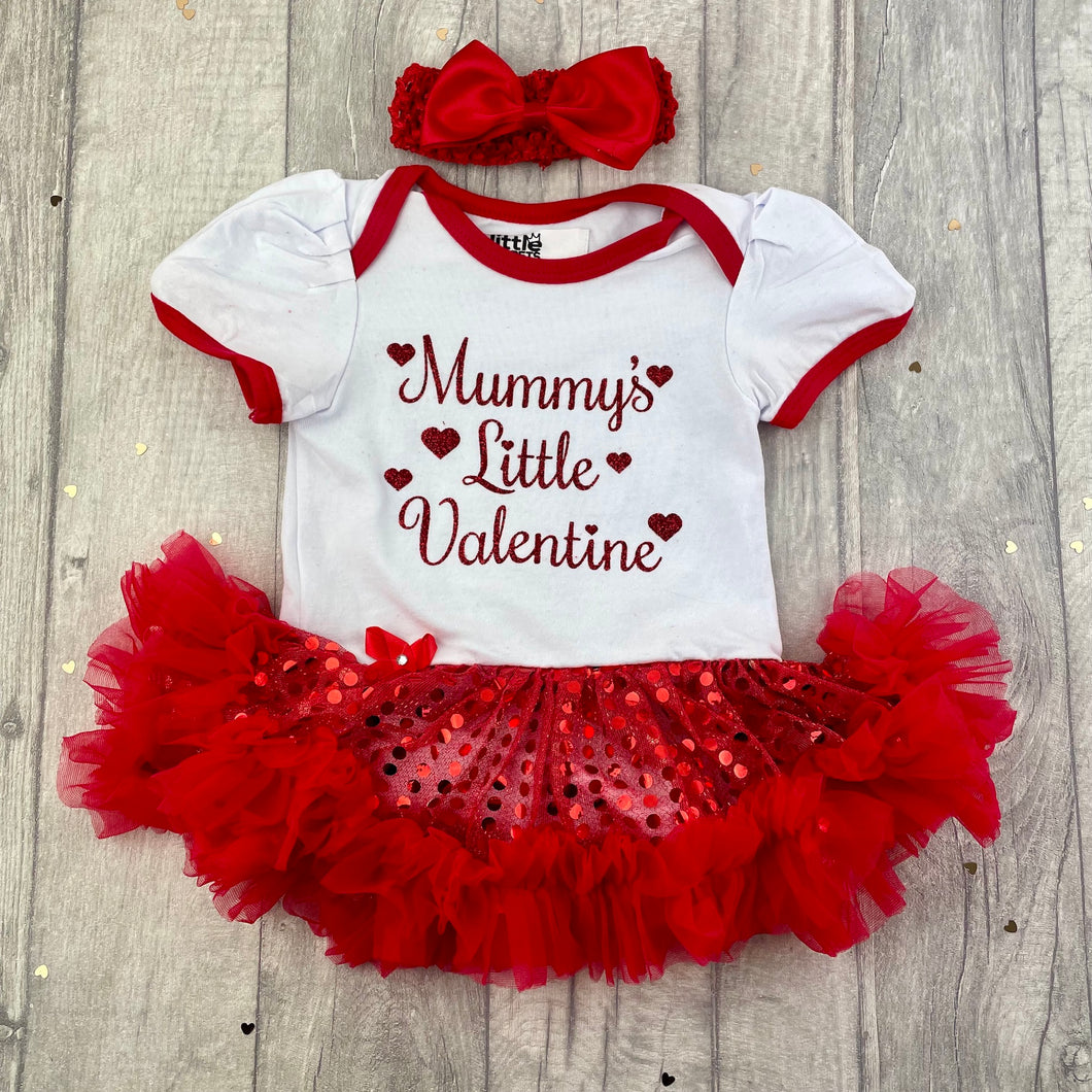 Mummy's Little Valentine Red Glitter Design, Baby Girl, Sequin Tutu Romper With Matching Bow Headband, Valentine’s Day
