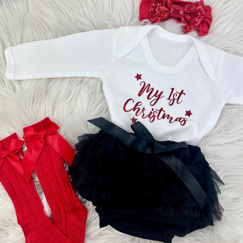 Baby Girls 1st Christmas Outfit, Newborn 4 Piece Romper Set