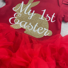 Load image into Gallery viewer, Baby Girl 1st Easter Tutu Romper, Gold Glitter Bunny
