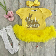 Load image into Gallery viewer, Baby Girl 1st Easter Outfit, Gold Easter Bunny Yellow Tutu Romper with Matching Knee High Socks, Tights or Tutu Ankle Socks
