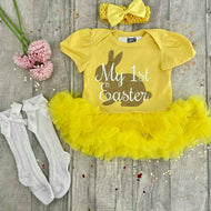 Baby Girl 1st Easter Outfit, Gold Easter Bunny Yellow Tutu Romper with Matching Knee High Socks, Tights or Tutu Ankle Socks
