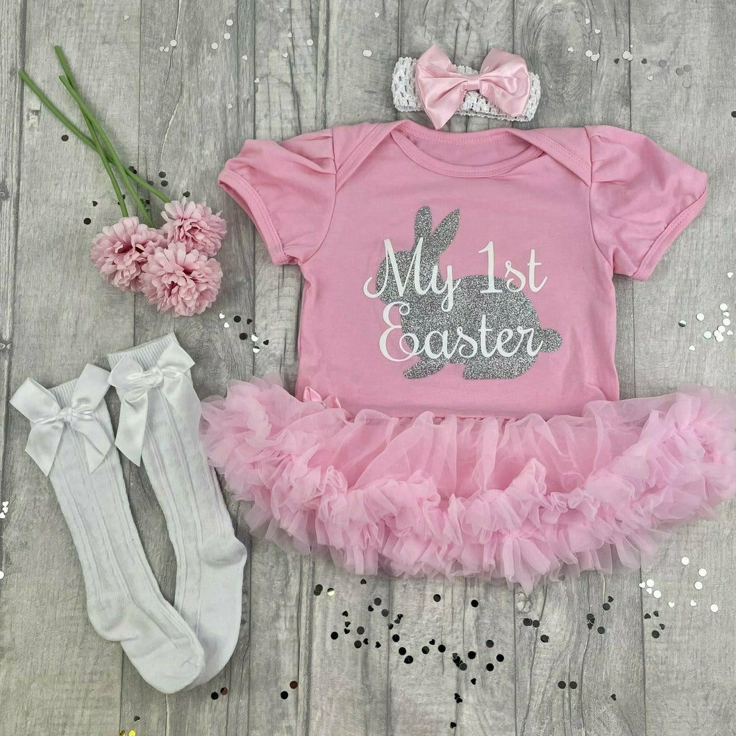 Baby Girl 1st Easter Outfit, Silver Easter Bunny Pink Tutu Romper with Matching Socks, Tights or Legwarmers