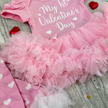 Load image into Gallery viewer, Baby Girls 1st Valentines Day Tutu Romper Set With Headband, Leg Warmers, Tights or Socks
