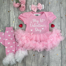 Load image into Gallery viewer, Baby Girls 1st Valentines Day Tutu Romper Set With Headband, Leg Warmers, Tights or Socks
