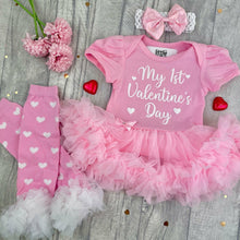 Load image into Gallery viewer, Baby Girls 1st Valentines Day Tutu Romper Set With Headband, Leg Warmers, Tights or Socks
