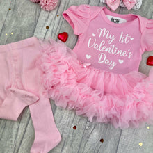 Load image into Gallery viewer, Baby Girls 1st Valentines Day Tutu Romper Set With Headband, Leg Warmers, Tights or Socks
