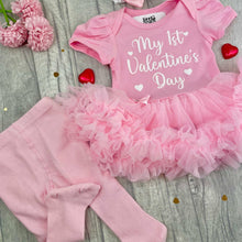 Load image into Gallery viewer, Baby Girls 1st Valentines Day Tutu Romper Set With Headband, Leg Warmers, Tights or Socks
